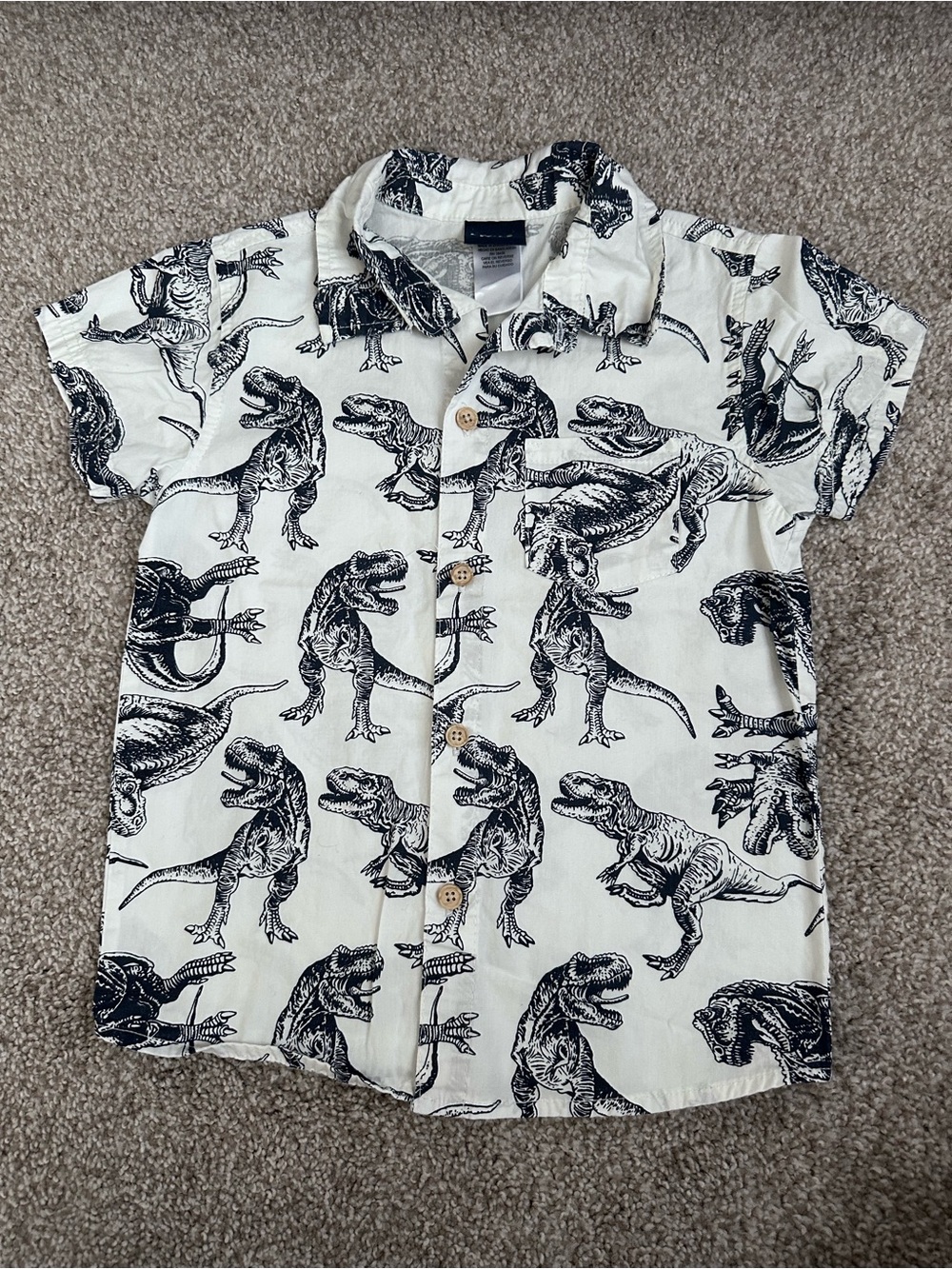 Kids Short Sleeve Dino Print Button-Up Shirt - White with Black Dinosaurs